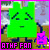 Green pixelated character with angular eyes and straight mouth holding pink object, text "ATHF FAN" below on brown ground background.