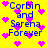 Yellow background with blue text reading 'Corbin and Serena Forever' surrounded by pink pixelated hearts, two identical static frames shown side-by-side.