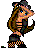 Pixelated character with long brown hair, blue eyes, and a black hat holding a curved object against white background.