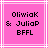 Pixelated text on pink background with white lines, showing "Oliwiak & JuliaP BFFL" in black block letters