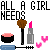 Pixel art image with text 'ALL A GIRL ALL A GIRL NEEDS' above makeup items and two pink hearts, one heart is animated.