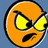 Pixelated orange circular face with yellow eyes and black pupils, frowning mouth on gray background; blue text 'Is awesome' in pixel font on solid blue background.