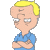 Pixelated cartoon character with blonde hair, blue shirt, and crossed arms against gray background.