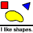 A 4x4 contact sheet of animated frames showing evolving geometric shapes and symbols in red, blue, yellow, and black on a white background with repeated text "I like shapes."
