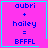 Four identical pink with cyan borders display text 'aubri + hailey = BFFFL' and one has a heart symbol, another a star symbol