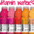 Five vertical cylindrical objects with gradient color tops and metallic bases, arranged in a row under pink pixelated text.