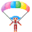 Pixelated character with blue hair and brown outfit under rainbow parachute, shown in three distinct poses