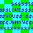 Pixelated text and symbols on a green and blue star-patterned background with no visible animation changes.