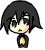 Pixelated chibi-style character with black hair, yellow face, and pink cheeks; one eye open in first frame, both eyes closed in second frame.