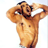 Static pixelated image of a shirtless male figure with arms raised behind head, standing against white background.