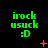 Green pixelated text 'irock usuck :D' on black background with red animated symbols changing across frames.