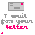 Gray envelope icon with pink heart, text 'I wait for your letter' in gray and pink pixelated font on white background.