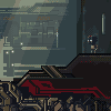 Pixel art scene showing a character with dark hair and white face standing on a platform above red machinery, against a backdrop of industrial structures.