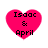 Four identical pink heart-shaped icons with black text reading "Isaac & April" arranged in a on a white background