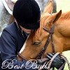 A person in a dark blue jacket and black beanie hugs a light brown horse with a white stripe on its face, both appearing calm and close together.