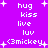 Purple background with white pixelated text and star shapes arranged in a pattern, displaying repeated phrases like 'hug', 'kiss', 'live', 'luv', and '(3mickey' across multiple