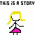 Pixel art animation of a stick figure girl with yellow hair and pink dress, showing emotional progression from crying to smiling while text changes around her.