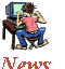 Pixelated character in pink shirt and blue pants sits at desk with computer, hands raised near head; four instances of 'News' text below each pose.