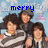 Pixelated group of five people in striped shirts under blue sky with clouds, text 'merry' and 'christsmas' above.