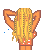 Pixelated animation of a woman with long blonde hair in orange polka-dot pants, showing various poses including hands behind head and legs spread apart.