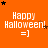 Orange background with white text 'Happy Halloween! =]' and scattered black/brown stars in a pattern