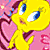 Two yellow cartoon birds with blue eyes and orange beaks, one holding a pink heart against a pink patterned background.