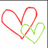 Two overlapping heart outlines rendered in pixelated style, one red and one green, on a white background.