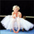 Pixelated static image of a person in white ballet attire with arms crossed, standing on a blue surface against black background.