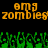 Pixelated orange text 'omg zombies' repeated twice above green pixelated grass-like shapes on black background.
