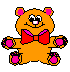 Pixelated orange bear with pink ears, hands, and feet, wearing a red bow tie, smiling with white eyes and pink pupils.