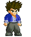 Pixel art character sprites arranged in a on gray background, each with distinct clothing, hair, and props