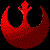 Red and blue circular icons with stylized symbols, arranged in a on black background; some display pixelated red bird-like emblems while others show purple cross-shaped designs