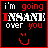 A 6-frame animated contact sheet of a pixel art buddy icon with red and white text on black background, showing changing facial expressions while repeating the phrase "i'm going INSANE over you".