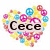 Heart-shaped composition of colorful circular icons with text "Cece" overlaid on the left side, displayed in a