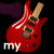 Red electric guitar icon with white text 'my', 'guitar', and 'rox' over dark purple shapes on black background.