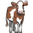 Pixelated static image of two brown and white cows standing side-by-side against a plain background.
