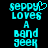 Cyan pixelated text on black background reads "seppy loves a band geek" with a heart symbol replacing the 'y' in "seppy" on the left side.