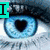 A static image of a blue eye with heart-shaped pupil, turquoise text 'I', and abstract blue background elements.