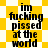 Black text on yellow-and-white backgrounds with two distinct patterns: a checkerboard and a starburst, displaying the phrase "im fucking pissed at the world" in four identical repetitions.