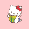 White cat with red bow holds green and yellow patterned book against pink background.
