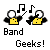 Animated contact sheet showing two frames of a pixel art buddy icon with musical notes and text "Band Geeks!" below.