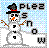 Pixelated snowman with black top hat, red band, orange carrot nose, and brown twig arms stands against light blue checkered background.