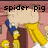 Pixelated image of a pig with spider legs, yellow body parts, and blue accents on a pink background with "spider pig" text.