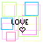 Static pixel art icon featuring overlapping pastel-colored squares with the word LOVE and a heart symbol in black text over a white background.