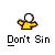 Pixelated figure in yellow shirt with white circular head, flames surrounding head in sequential animation frames, text "Don't Sin" below.