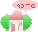 Pixelated house with pink roof and green trees; left version has open door and speech bubble reading 'home', right version shows closed door.