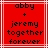Red background with white lines and black pixelated text reading 'abby + jeremy together forever' in four