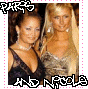 identical cartoon-style images showing two women in formal dresses with pink borders and text overlays