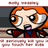 Pixelated character with orange hair, large brown eyes, and a red outfit with blue accents, holding a microphone against a dark background.