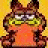 Garfield cartoon character with orange body and brown limbs, green eyes, yellow background text 'GARFIELD IS HERE' in pixelated font.